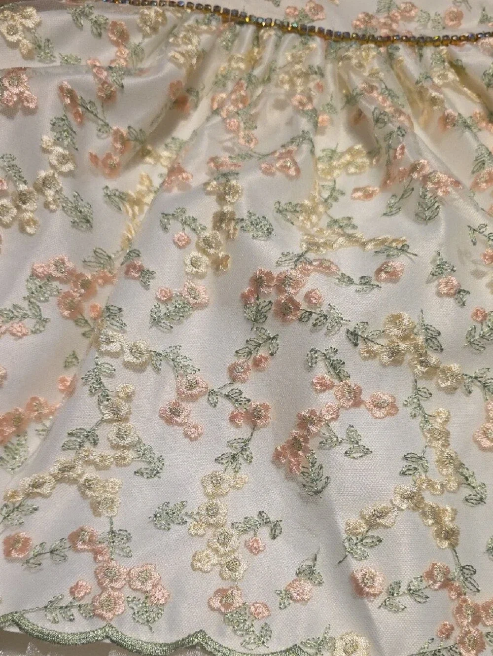 Girls Floral Embroidered Party Dress - White with Pastel Accents. Size 5